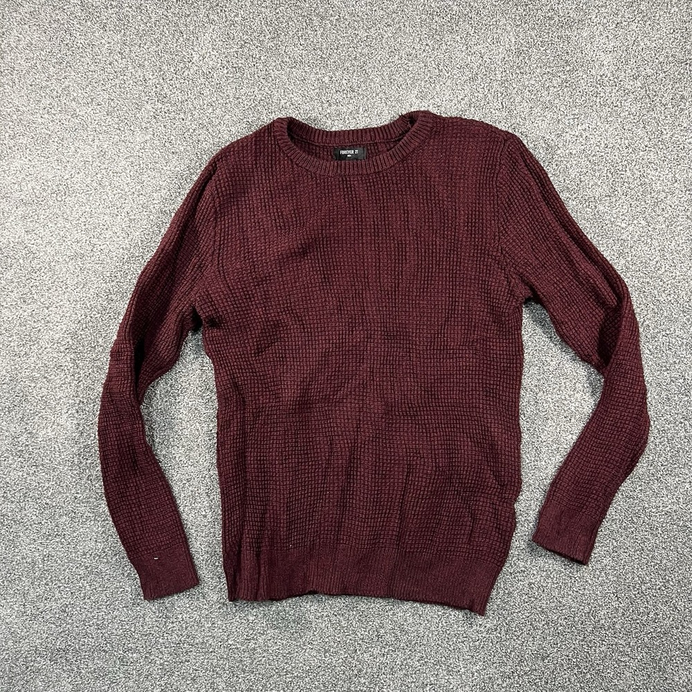Forever 21 Mens Small Burgundy Waffle Knit Crew Neck Pullover Sweater